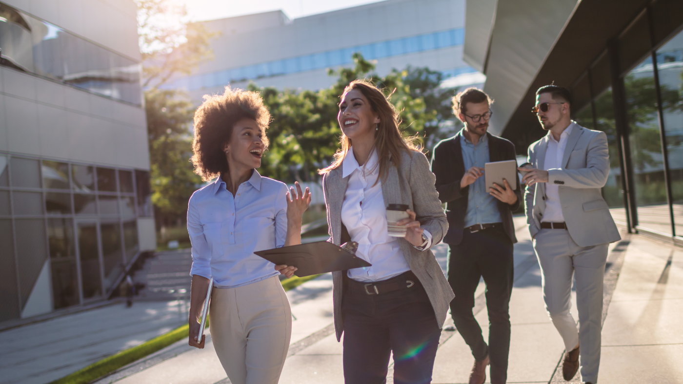 law school networking professionals walking and talking 